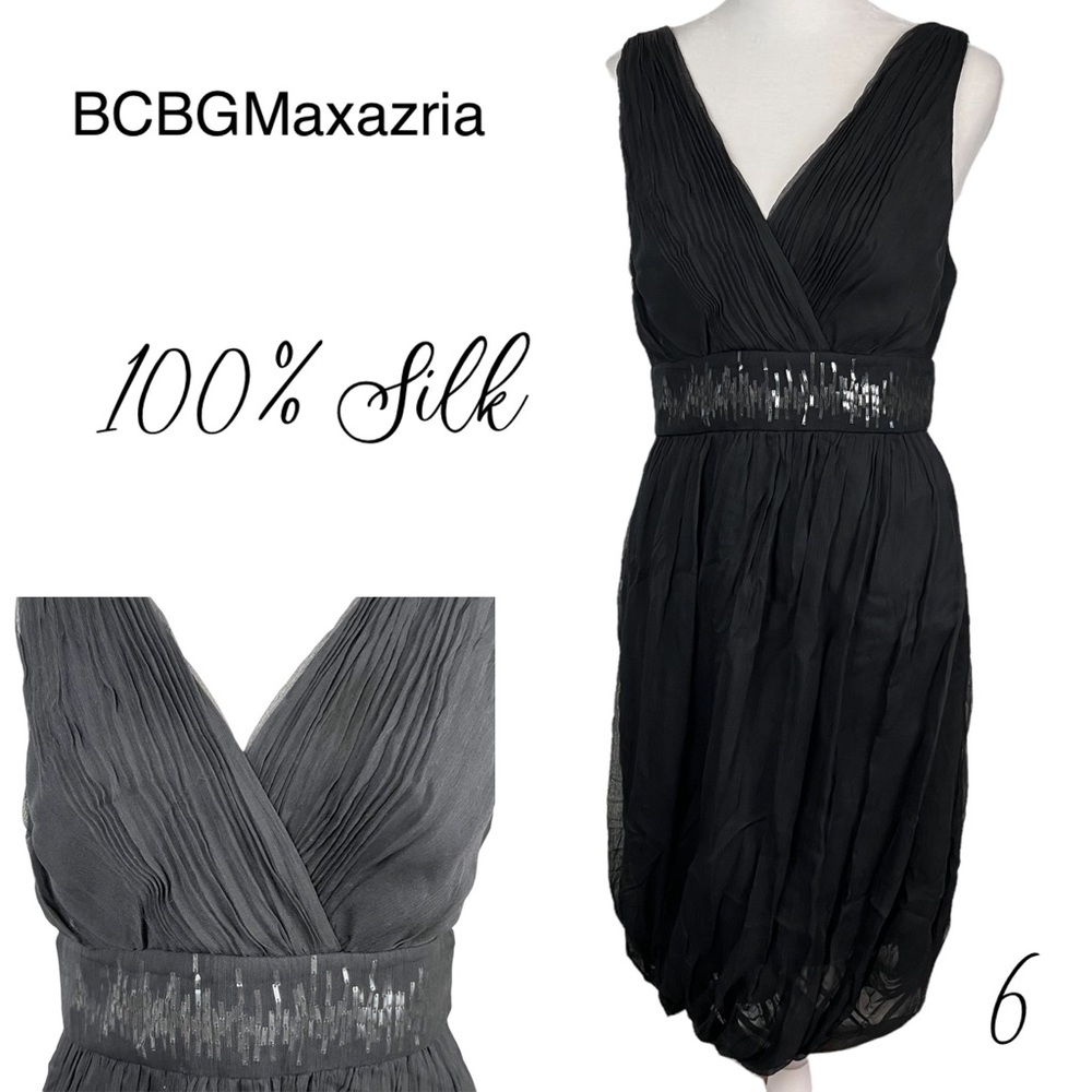BCBGMaxAzria Black 100% Silk Bubble Skirt Cocktail Dress w/ Beaded Waist Sz 6 - Picture 1 of 17